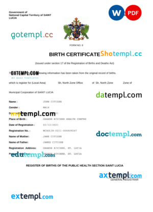 Saint Lucia birth certificate Word and PDF template, completely editable