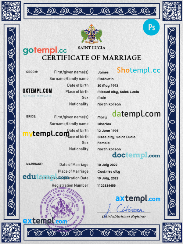Saint Lucia marriage certificate PSD template, fully editable