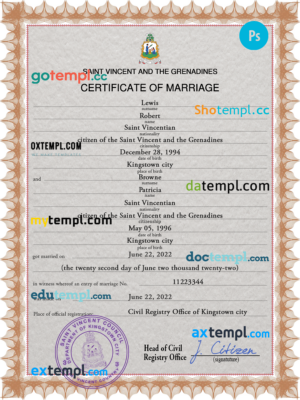 Saint Vincent and the Grenadines marriage certificate PSD template, completely editable
