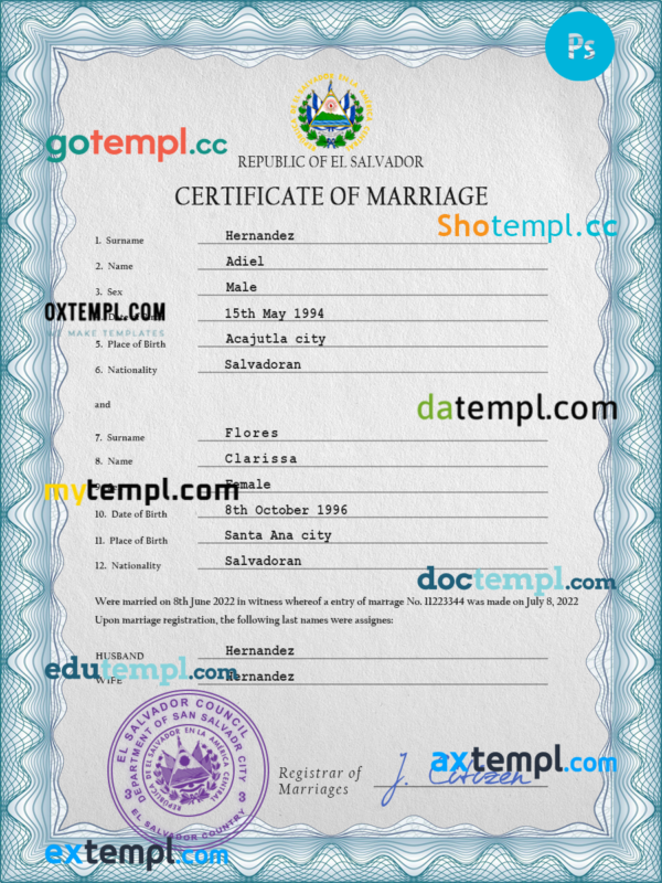 Salvador marriage certificate PSD template, fully editable