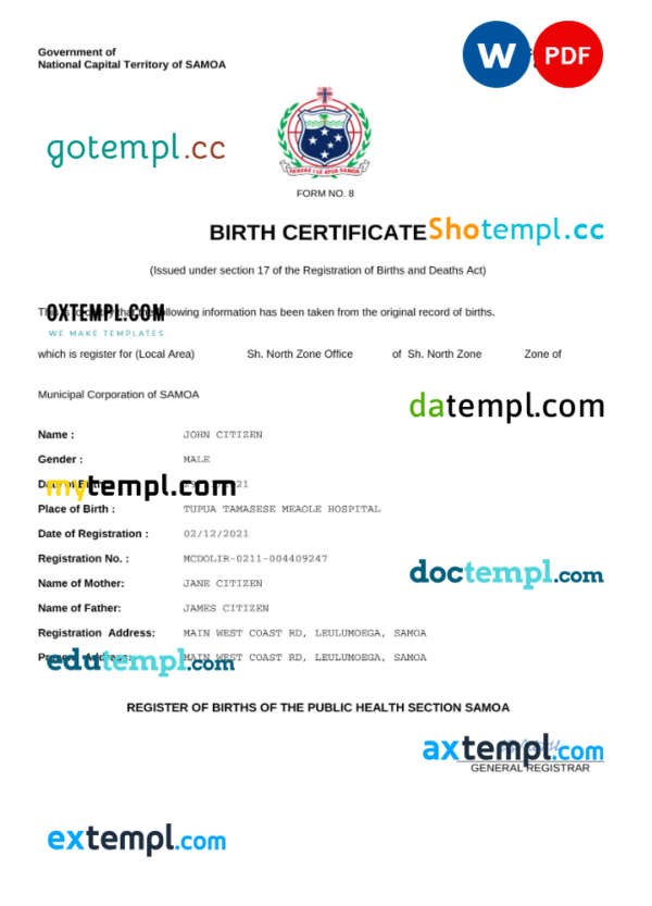Samoa vital record birth certificate Word and PDF template, completely editable