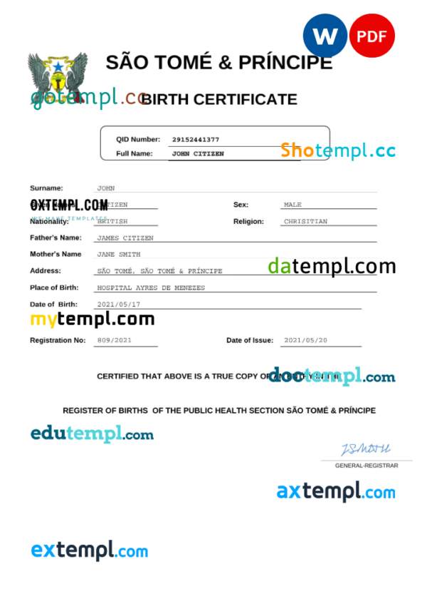 Sao Tome & Principe vital record birth certificate Word and PDF template, completely editable