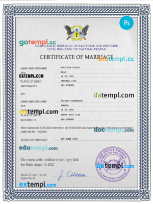 Sao Tome and Principe marriage certificate PSD template, completely editable