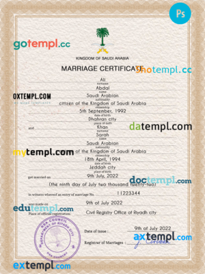 Saudi Arabia marriage certificate PSD template, fully editable