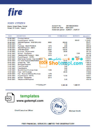 Ireland Fire Financial Services Limited account statement template in Word and PDF format