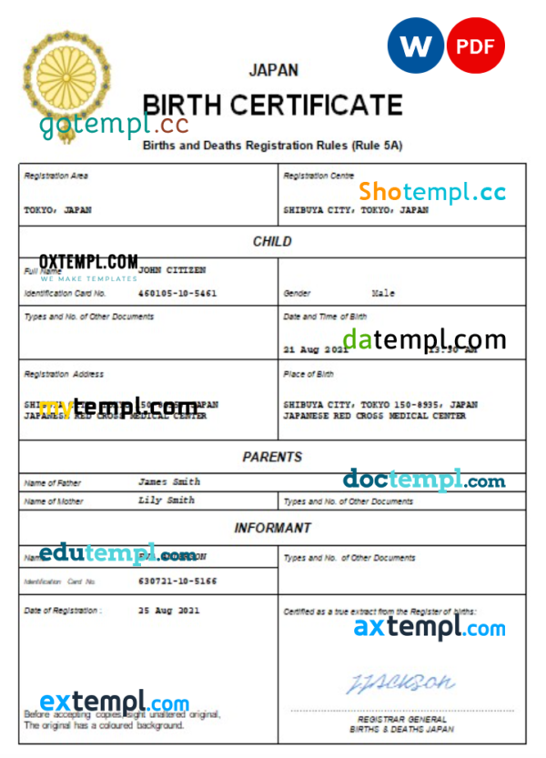 Japan birth certificate Word and PDF template, completely editable