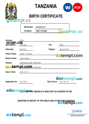 Tanzania birth certificate Word and PDF template, completely editable