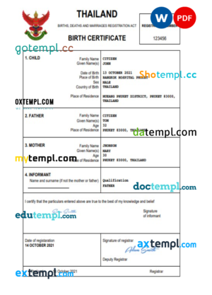 Thailand vital record birth certificate Word and PDF template, completely editable