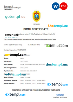 Timor-Leste birth certificate Word and PDF template, completely editable