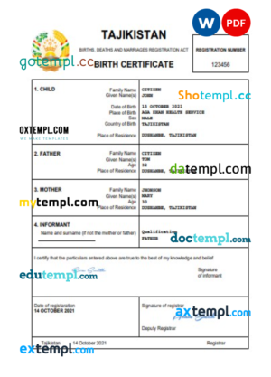 Tajikistan vital record birth certificate Word and PDF template, completely editable