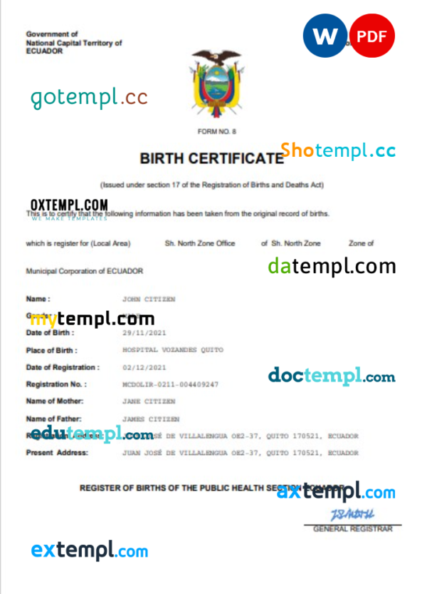 Ecuador vital record birth certificate Word and PDF template, completely editable