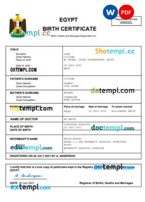Egypt birth certificate Word and PDF template, completely editable