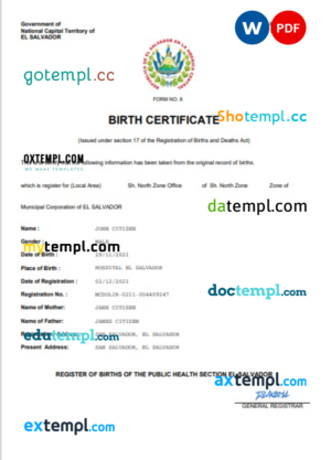 El Salvador vital record birth certificate Word and PDF template, completely editable