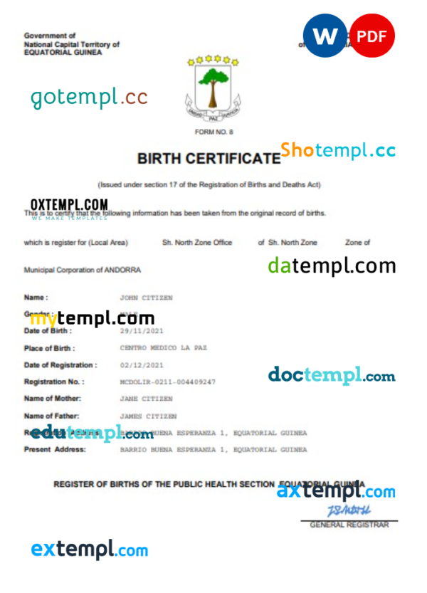 Equatorial Guinea birth certificate Word and PDF template, completely editable