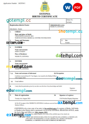 Estonia vital record birth certificate Word and PDF template, completely editable
