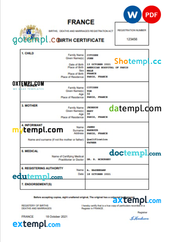 France birth certificate Word and PDF template, completely editable