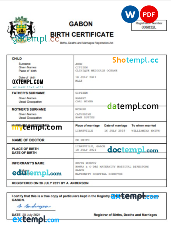 Gabon vital record birth certificate Word and PDF template, completely editable