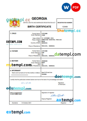 Georgia vital record birth certificate Word and PDF template, completely editable