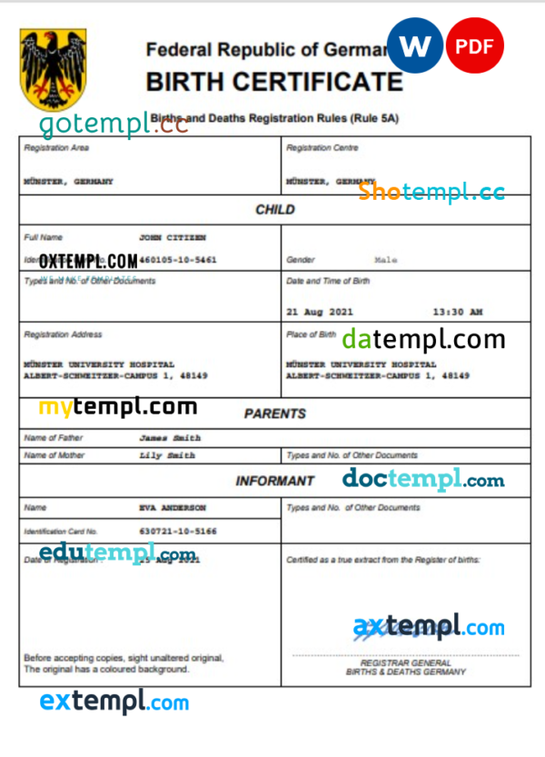 Germany birth certificate Word and PDF template, completely editable