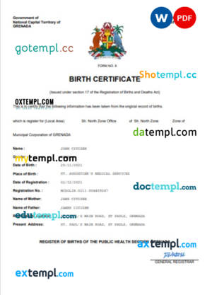 Grenada vital record birth certificate Word and PDF template, completely editable