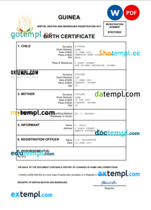 Guinea vital record birth certificate Word and PDF template, completely editable