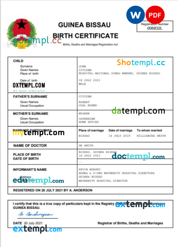 Guinea Bissau birth certificate Word and PDF template, completely editable