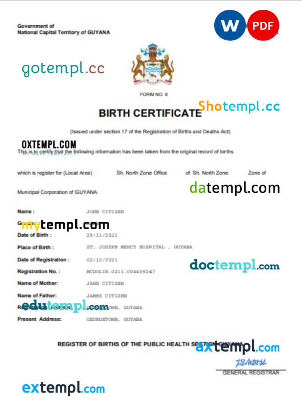 Guyana vital record birth certificate Word and PDF template, completely editable