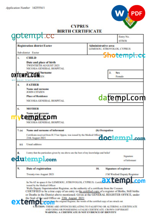 Cyprus birth certificate Word and PDF template, completely editable