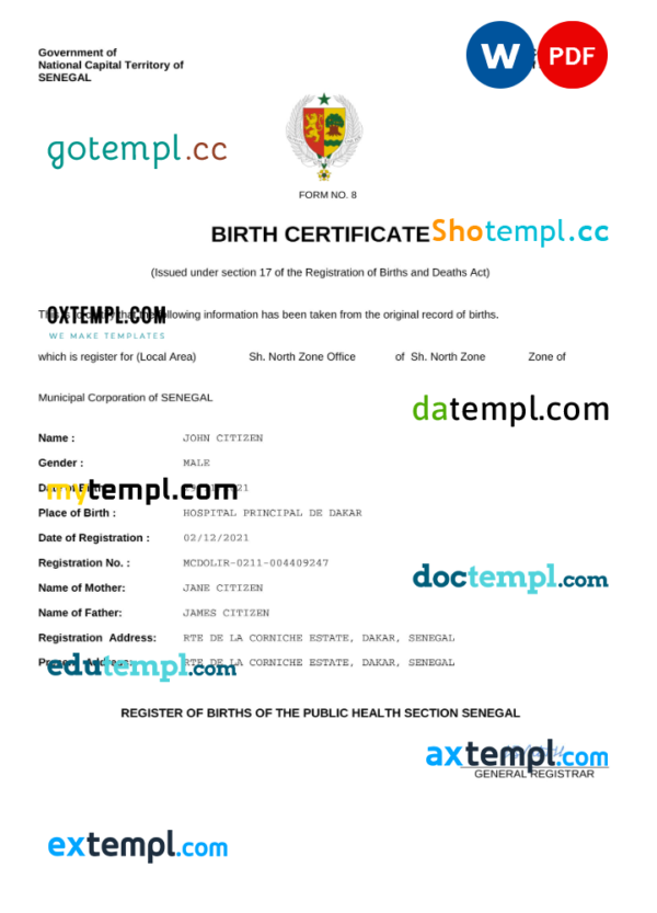 Senegal vital record birth certificate Word and PDF template, completely editable