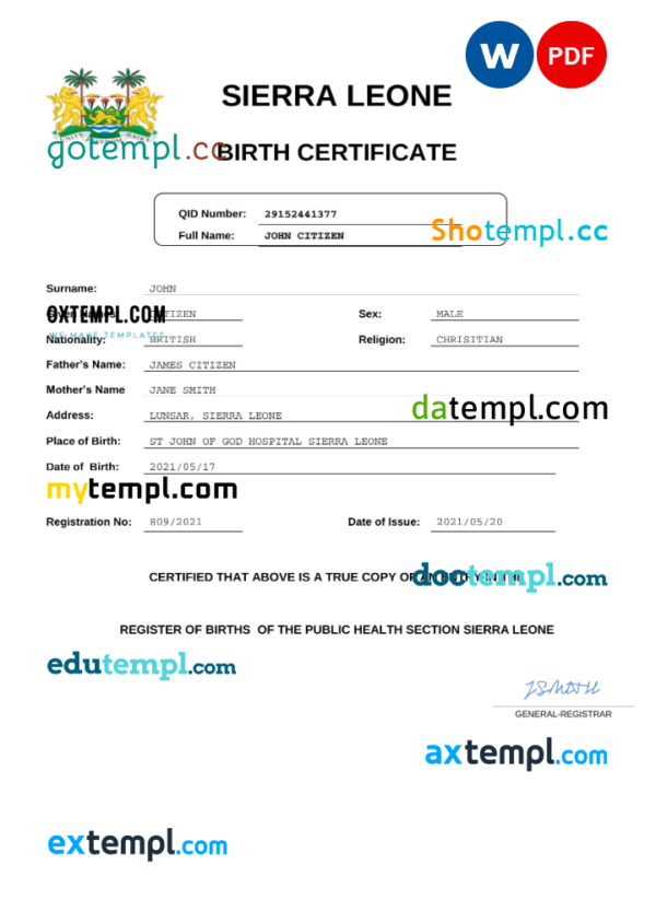 Sierra Leone birth certificate Word and PDF template, completely editable