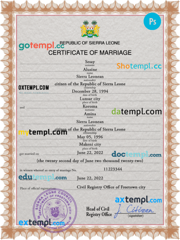 Sierra Leone marriage certificate PSD template, fully editable