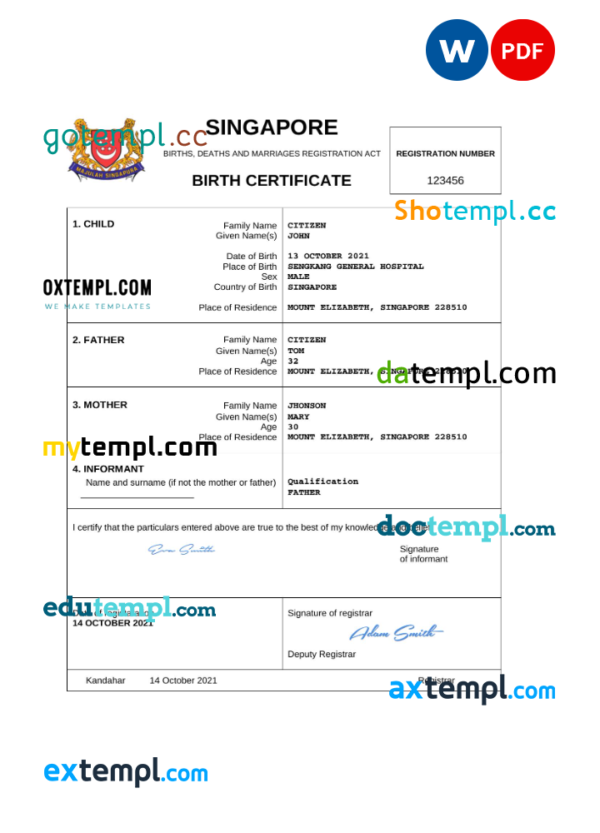 Singapore vital record birth certificate Word and PDF template, completely editable