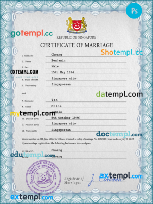 Singapore marriage certificate PSD template, completely editable
