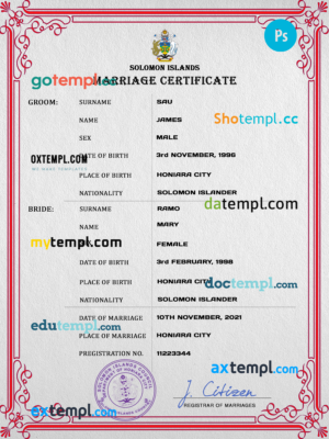 Solomon Islands marriage certificate PSD template, completely editable
