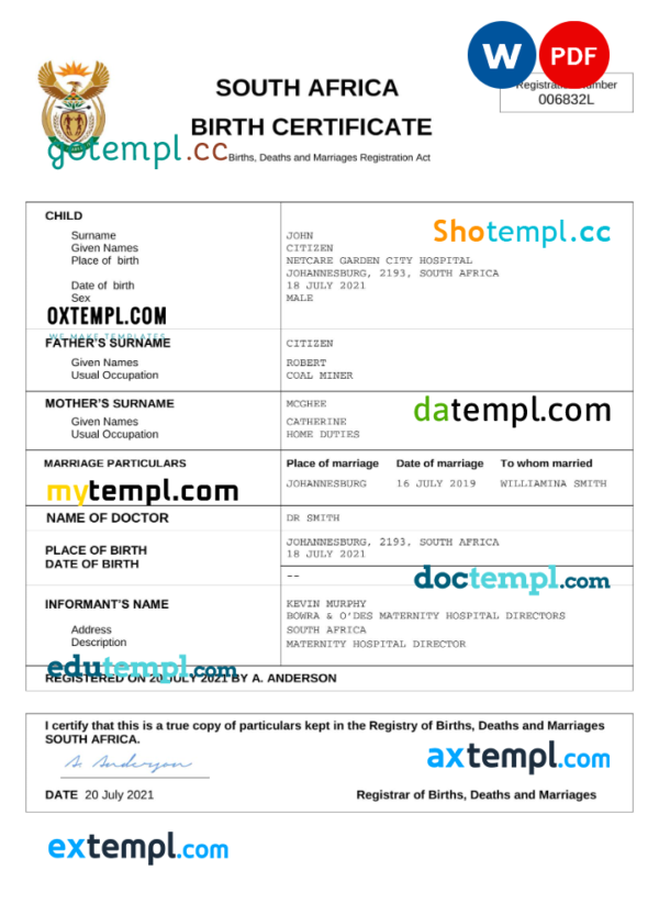 South Africa vital record birth certificate Word and PDF template, completely editable