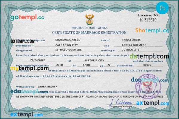 South Africa marriage certificate PSD template, completely editable
