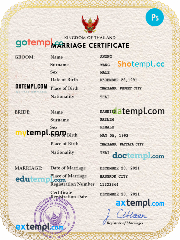 Thailand marriage certificate PSD template, completely editable