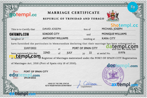 Trinidad and Tobago marriage certificate PSD template, fully editable