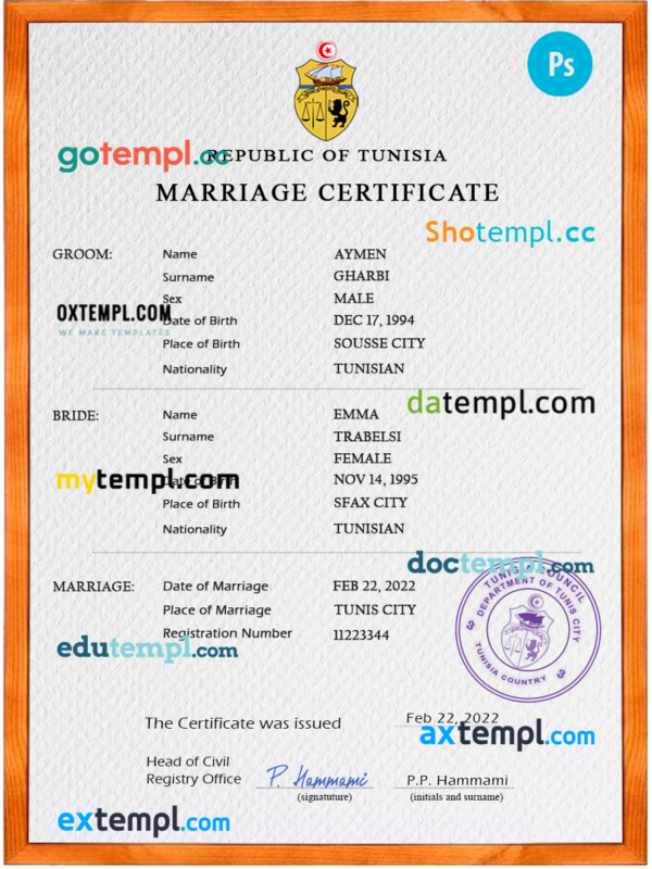 Tunisia marriage certificate PSD template, completely editable