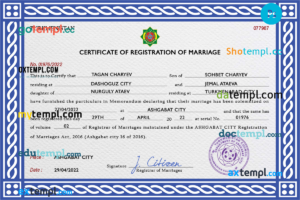Turkmenistan marriage certificate PSD template, completely editable