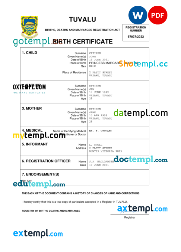 Tuvalu birth certificate Word and PDF template, completely editable