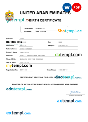 United Arab Emirates vital record birth certificate Word and PDF template, completely editable