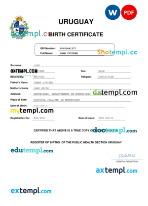 Uruguay vital record birth certificate Word and PDF template, completely editable