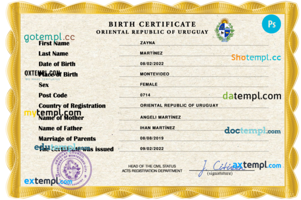 Uruguay vital record birth certificate PSD template