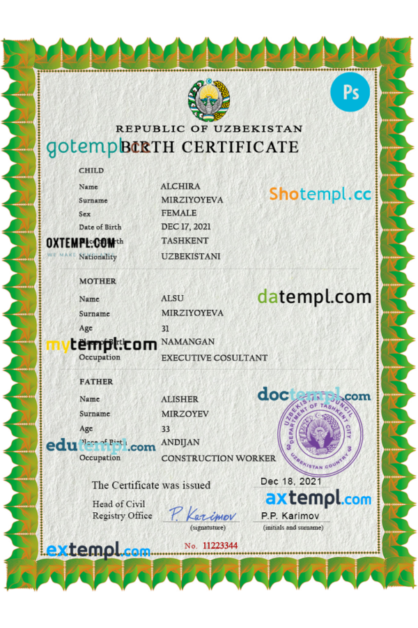 Uzbekistan birth certificate PSD template, completely editable