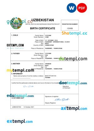 Uzbekistan vital record birth certificate Word and PDF template, completely editable
