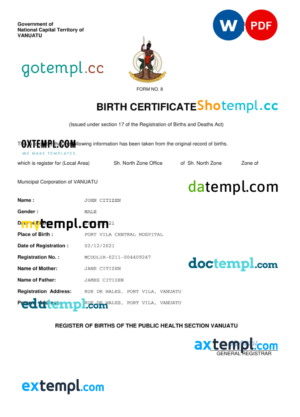 Vanuatu birth certificate Word and PDF template, completely editable
