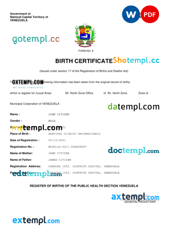 Venezuela vital record birth certificate Word and PDF template, completely editable