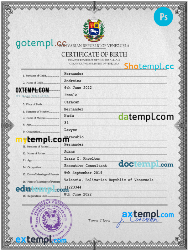 Venezuela vital record birth certificate PSD template