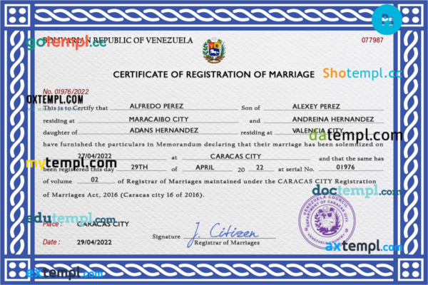 Venezuela marriage certificate PSD template, completely editable